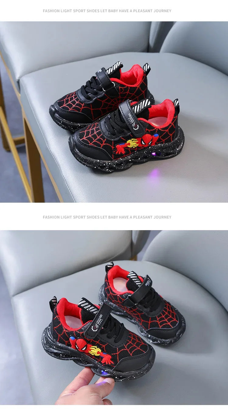 Spring Autumn Boys Spiderman Mesh Breathable Sport Shoes Disney LED Children's Sneakers Kids Casual Shoes Light Shoes for 0-6Y