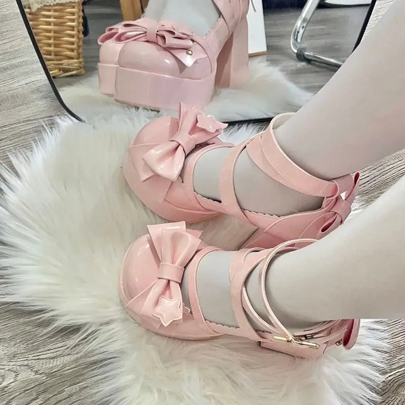 Lolita Shoes Women High Heels Shoes Woman Chunky Sandals Summer Mary Janes PU Leather Shoes Retro Bow Party Platform Pumps