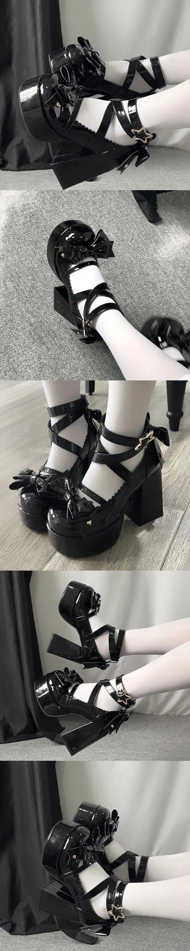 Lolita Shoes Women High Heels Shoes Woman Chunky Sandals Summer Mary Janes PU Leather Shoes Retro Bow Party Platform Pumps