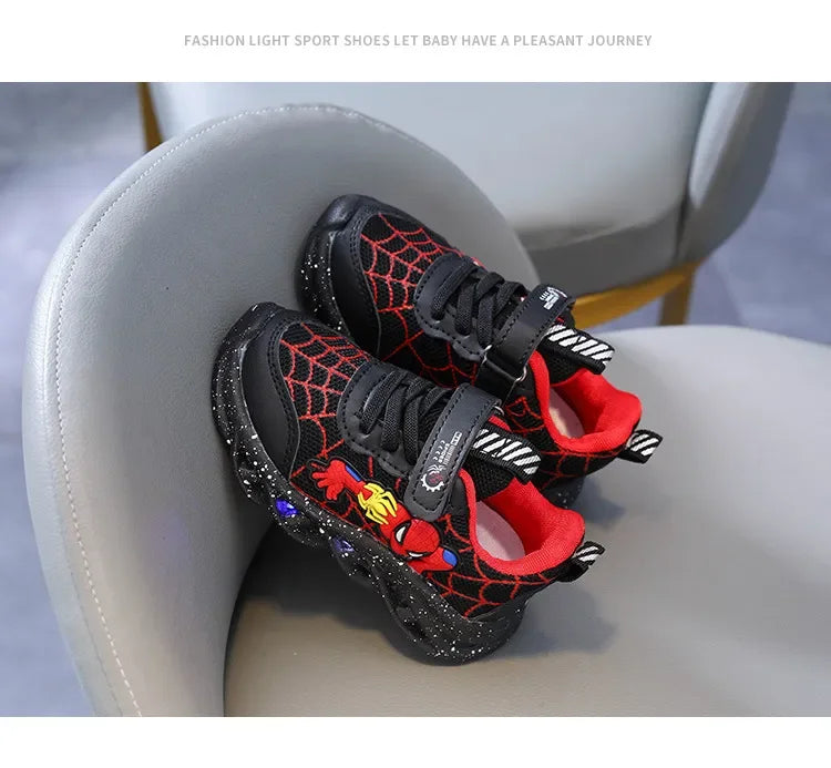 Spring Autumn Boys Spiderman Mesh Breathable Sport Shoes Disney LED Children's Sneakers Kids Casual Shoes Light Shoes for 0-6Y