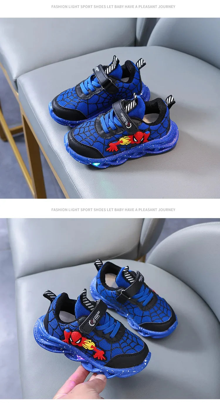 Spring Autumn Boys Spiderman Mesh Breathable Sport Shoes Disney LED Children's Sneakers Kids Casual Shoes Light Shoes for 0-6Y