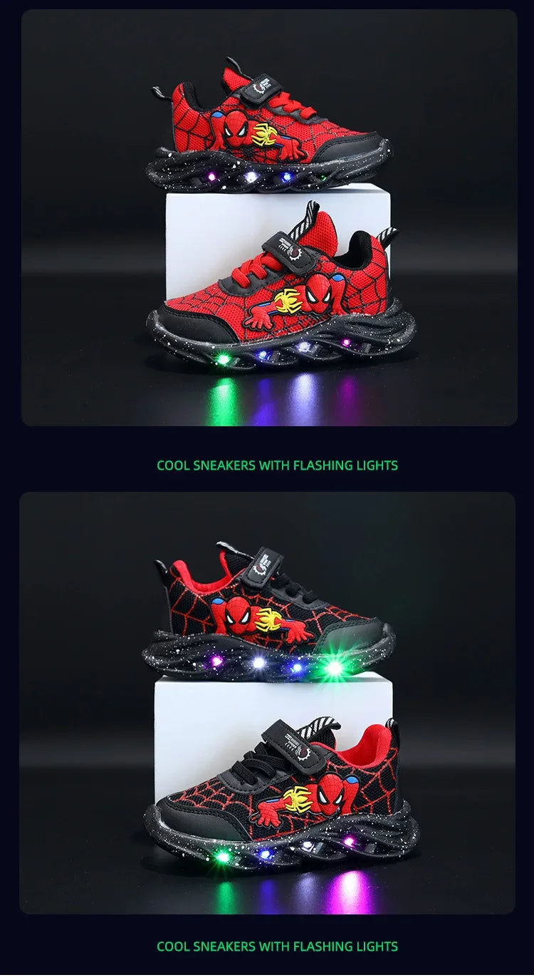 Spring Autumn Boys Spiderman Mesh Breathable Sport Shoes Disney LED Children's Sneakers Kids Casual Shoes Light Shoes for 0-6Y