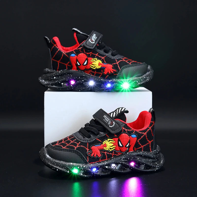 Spring Autumn Boys Spiderman Mesh Breathable Sport Shoes Disney LED Children's Sneakers Kids Casual Shoes Light Shoes for 0-6Y